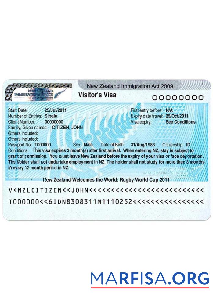 Printable New Zealand visa example